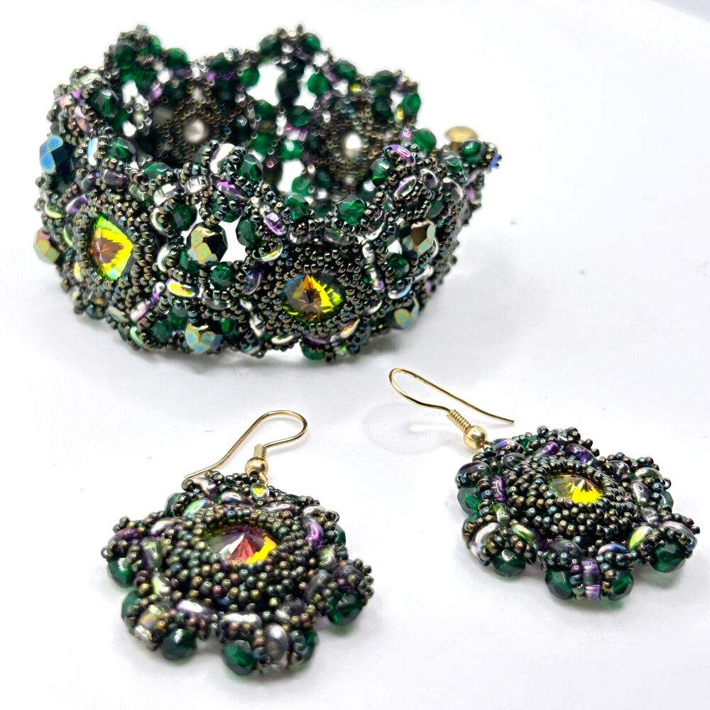 Handmade Black Purple Iridecent Rhinstone Bead Drop Earrings + Bracelet Set